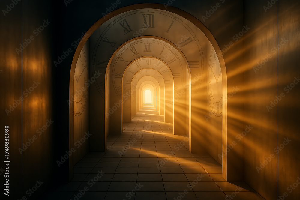 Obraz premium Arched Hallway with Clock Faces and Light Rays
