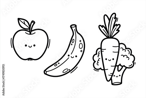 Cute cartoon apple banana and broccoli with happy faces carrot food