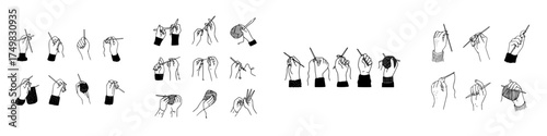 Various hand positions demonstrating knitting and yarn handling techniques
