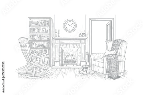 Cozy living room scene with fireplace rocking chair and armchair interior