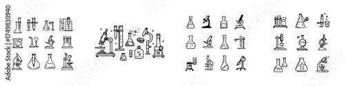 Set of hand drawn icons for science laboratory equipment and chemistry tools