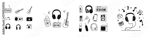Hand drawn collection of music and audio equipment symbols