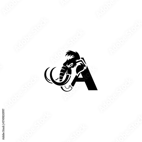 Stylized black image featuring a mammoth head in front of a letter A