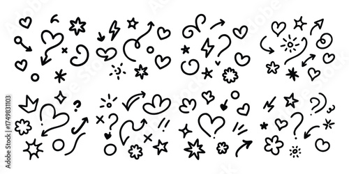 Collection of hand drawn doodle elements including hearts stars arrows and swirls on white background