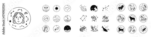 Hand drawn zodiac signs and constellations icons collection