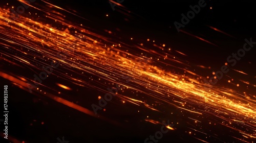 Glowing fire embers and sparks floating over a dark background with dynamic motion and vivid orange-yellow light.