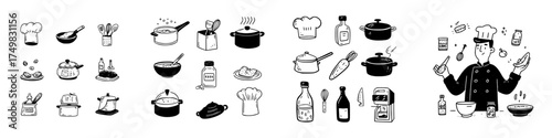 Hand drawn cooking and kitchen utensil icons with chef character