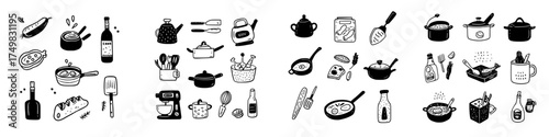 Set of hand drawn black and white cooking and kitchen utensil symbols