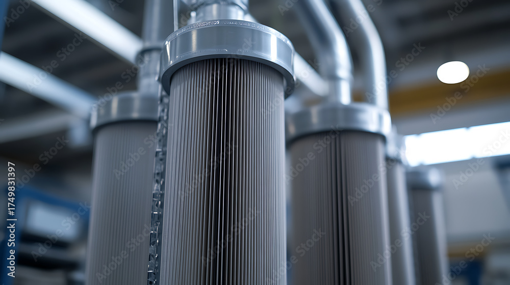 Fototapeta premium Close-up of industrial filtration system with multiple filter cartridges connected by metal pipes, showcasing industrial process filtration.