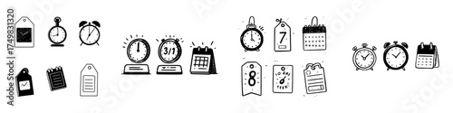 Set of hand drawn icons for time management featuring clocks and calendars