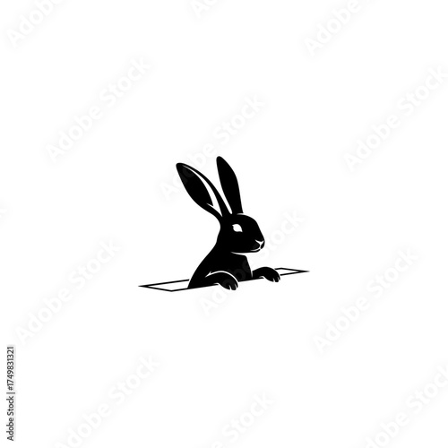 Silhouette of a rabbit emerging from a hole, with long ears, black and white