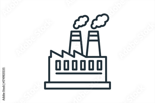 Dark blue line art factory building with smoke stacks emitting clouds industrial chimney