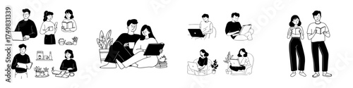 Diverse people reading books and working on digital devices in modern settings