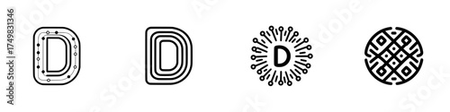 Four stylized letter D monogram icons featuring modern abstract graphic designs