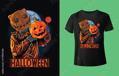 Scary pumpkin head characters with glowing eyes and jack o lanterns on a black t shirt design
