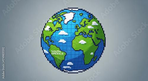 Pixel art style globe featuring continents and oceans, reminiscent of retro video games and digital representations of planet earth