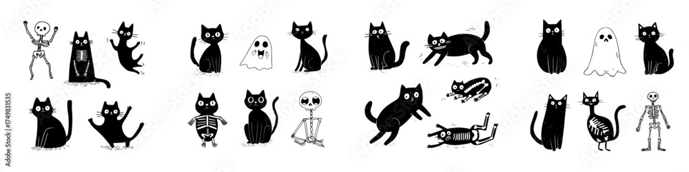 Obraz premium Cute black cats and skeletons for spooky Halloween theme