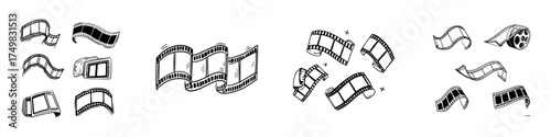 Hand drawn film strip segments and movie reel icons set