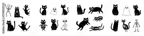 Cute black cats and skeletons for spooky Halloween theme