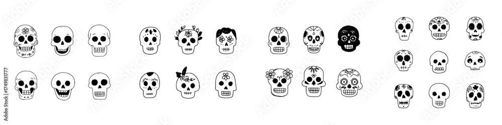 Fototapeta Hand drawn sugar skulls and simple outline icons set