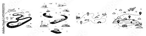 Hand drawn logistics and travel route map with various transportation modes