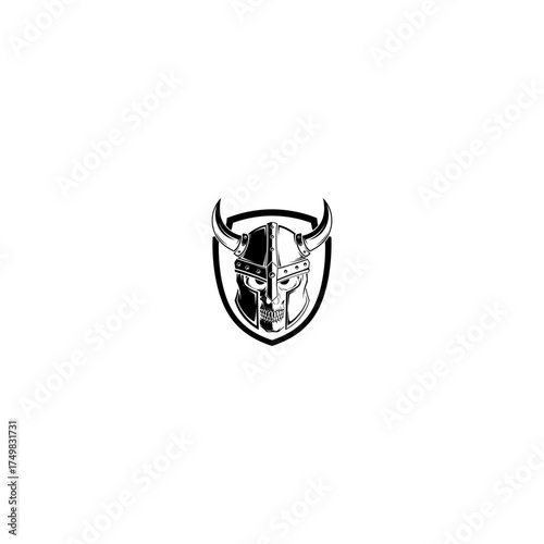 Black and white illustration of a horned helmet on a skull, encased in a shield
