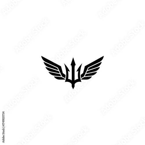 A black trident with two wings placed symmetrically on either side, isolated on white