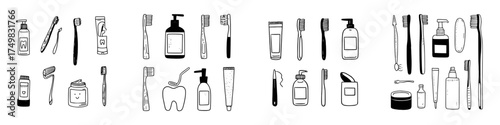 Hand drawn dental hygiene and bathroom supplies icons collection