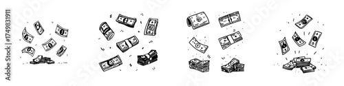 Hand drawn money icons set with falling banknotes and cash stacks