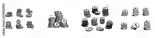 Hand drawn stacks of dollar coins and scattered currency icons