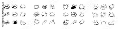 Set of hand drawn comic book explosion and impact sound effect speech bubbles