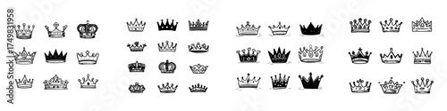 Hand drawn collection of royal crowns and tiaras sketch icons