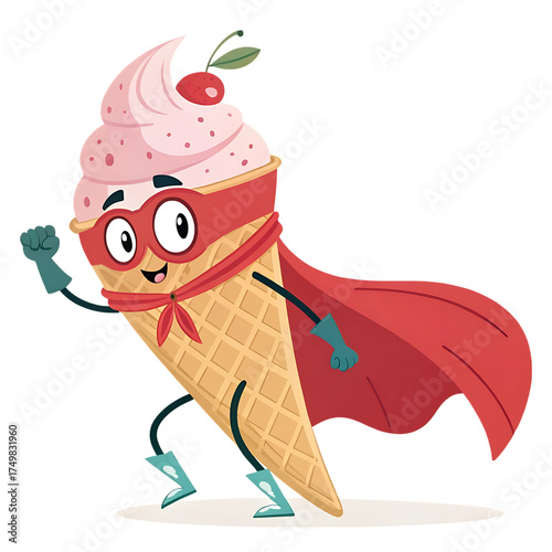 Fun superhero ice cream cone with red cape ready for action