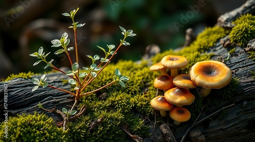Delicate sprout and cluster of mushrooms growing on a mossy log in a sun dappled forest setting