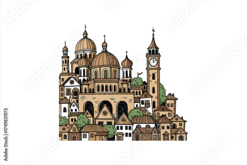Hand drawn illustration of a European city skyline with domes and clock tower cityscape drawing