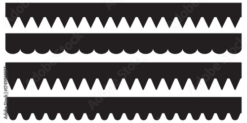 Scallop border. Scalloped edge collection. Scalloped edge seamless set. Simple scalloped border, wiggle isolated on white background. Divider vector element