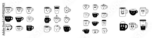 Doodle coffee mugs and cups with funny expressive faces