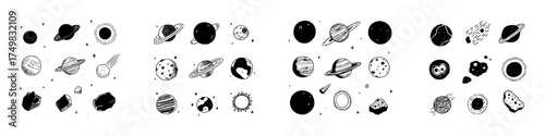 Set of hand drawn space icons featuring planets sun and asteroids