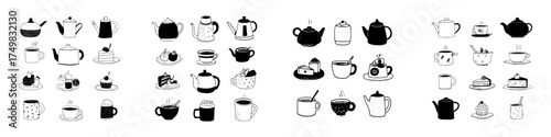 Hand drawn set of teapots coffee mugs and sweet dessert icons