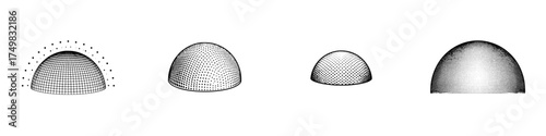 Four abstract dome shapes with halftone and grid shading variations