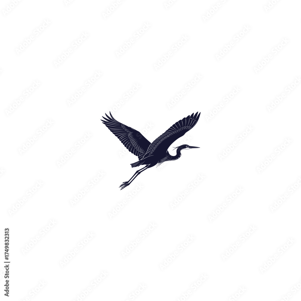 Obraz premium Elegant indigo silhouette of a heron in flight against a bright white background