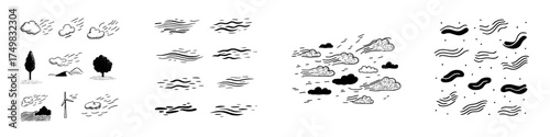 Doodle style weather icons featuring wind, clouds, and natural elements