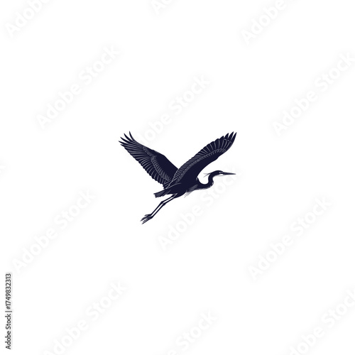 Elegant indigo silhouette of a heron in flight against a bright white background