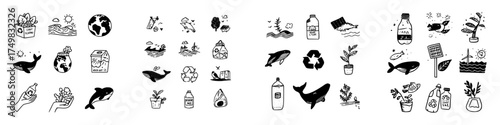 Hand drawn icons set for ecology recycling and ocean protection themes