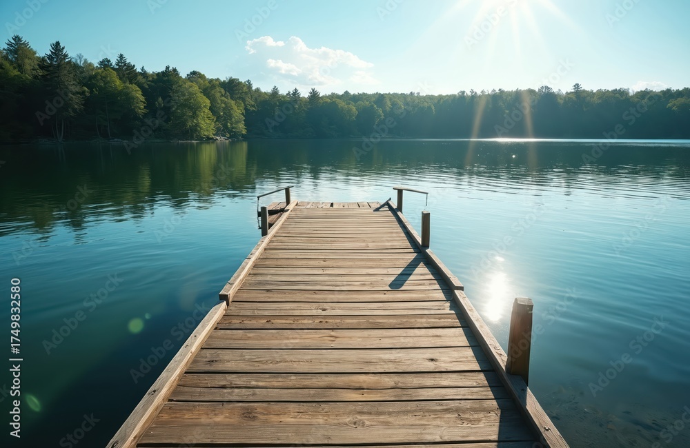 Naklejka premium Wooden dock extends into serene lake. Calm water reflects green trees. Sunny day creates relaxing atmosphere. Nature scenery perfect for vacation travel or getaway.