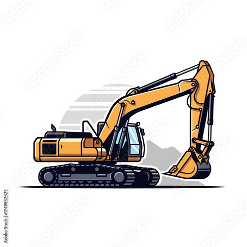 Yellow excavator working on construction site with heavy machinery and equipment isolated on white background