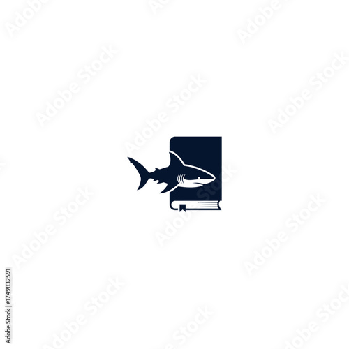 Shark swims from a book, navy blue design, simple and elegant on a white background