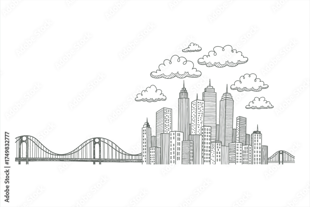 Obraz premium Hand drawn sketch of city skyline with suspension bridge and clouds urban architecture