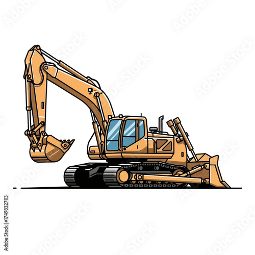 Yellow excavator digging earth on construction site with heavy machinery and equipment isolated on white background