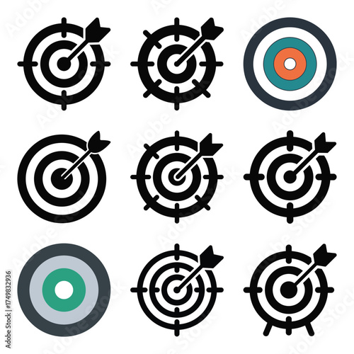 Collection of Nine Targets with Arrows Hitting Bullseye and Multicolor Concentric Circles Icon